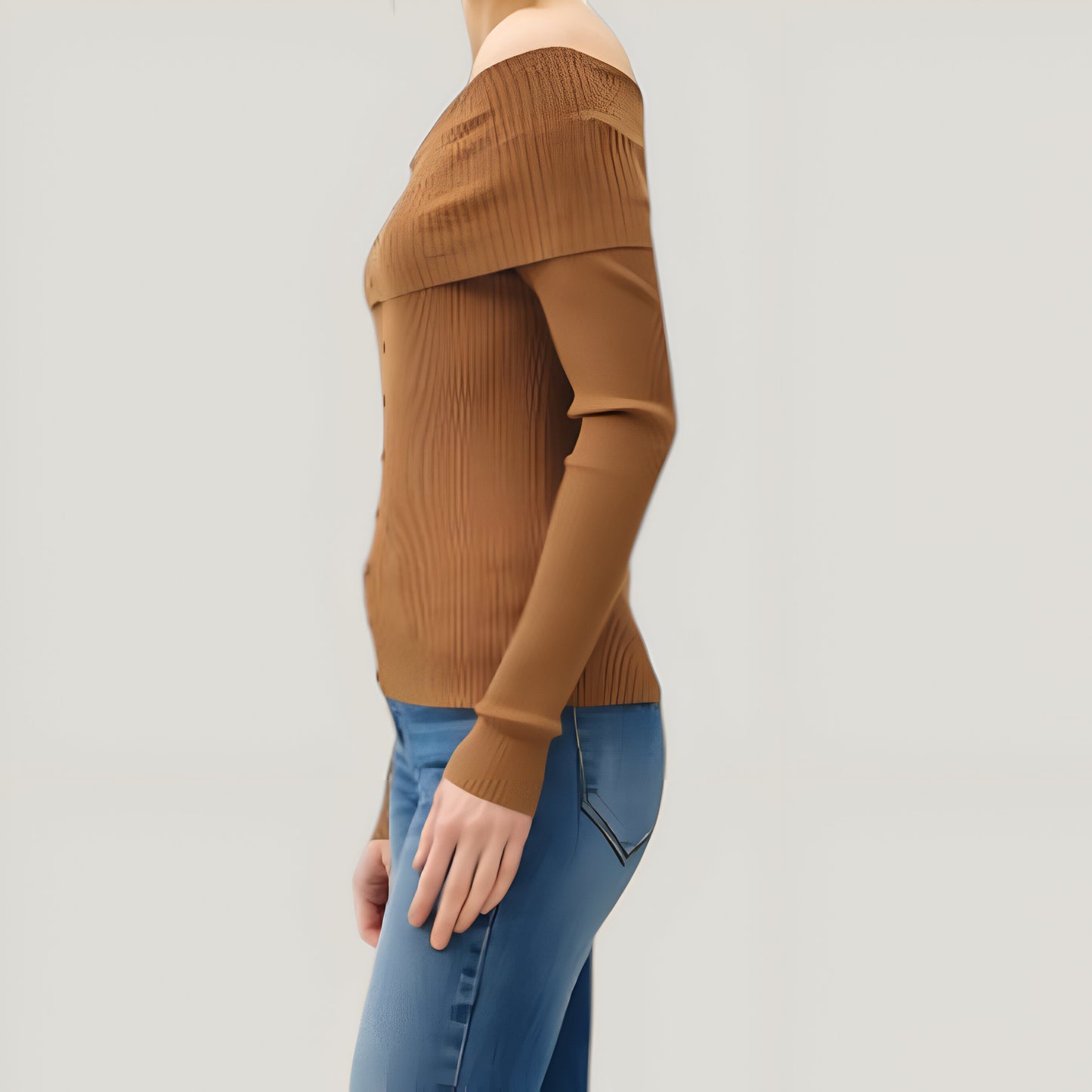 Ribbed Button-Up Long Sleeve Top with Roll Shoulder Detail