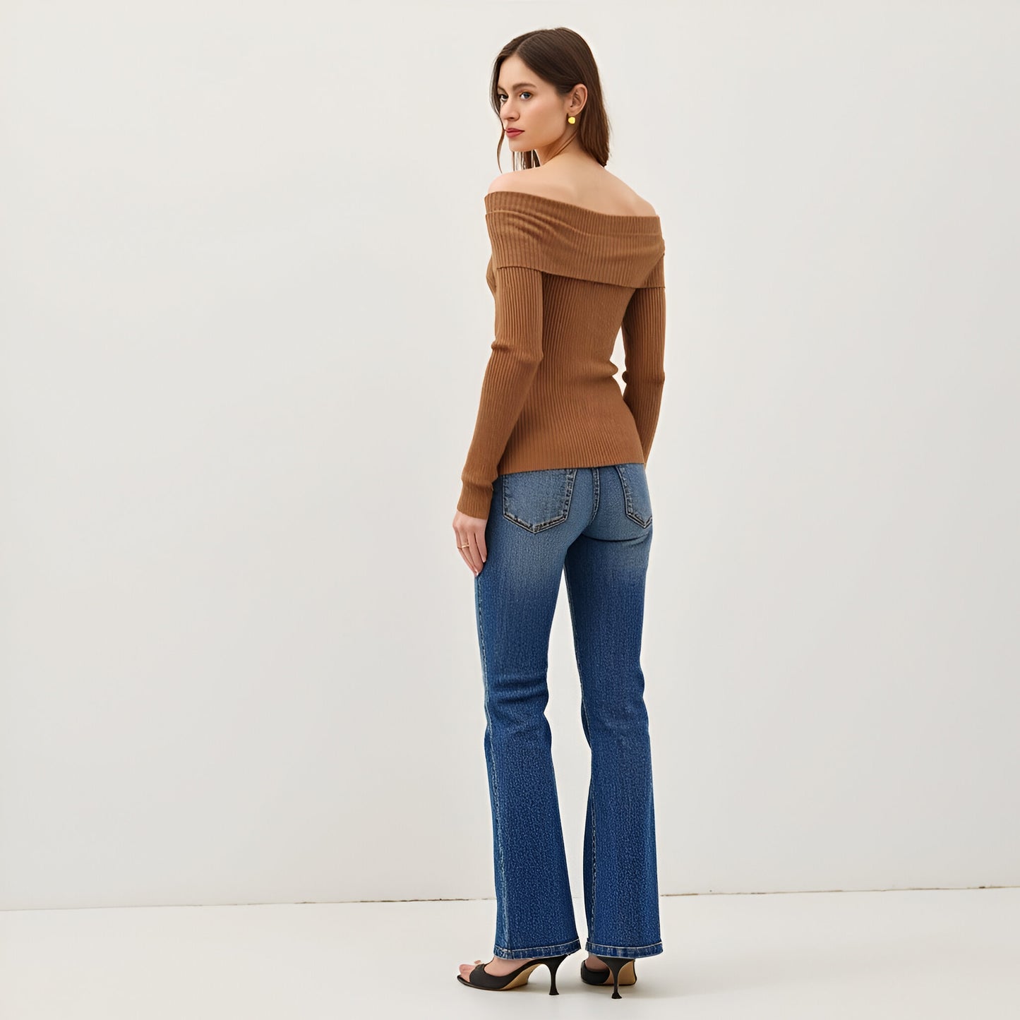 Ribbed Button-Up Long Sleeve Top with Roll Shoulder Detail