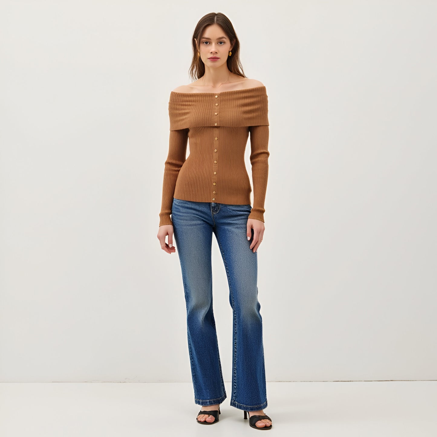 Ribbed Button-Up Long Sleeve Top with Roll Shoulder Detail