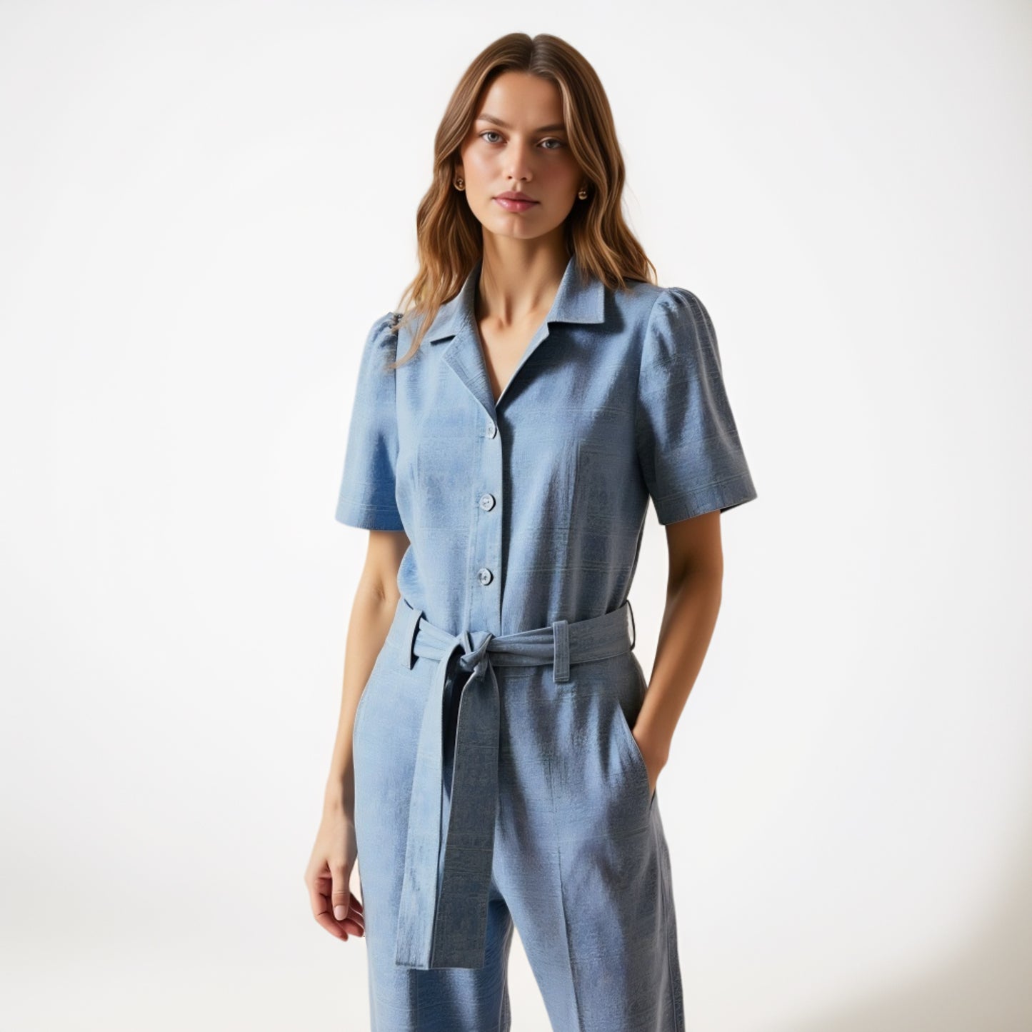 Paisley Print Belted Jumpsuit with Short Sleeves and Button Front