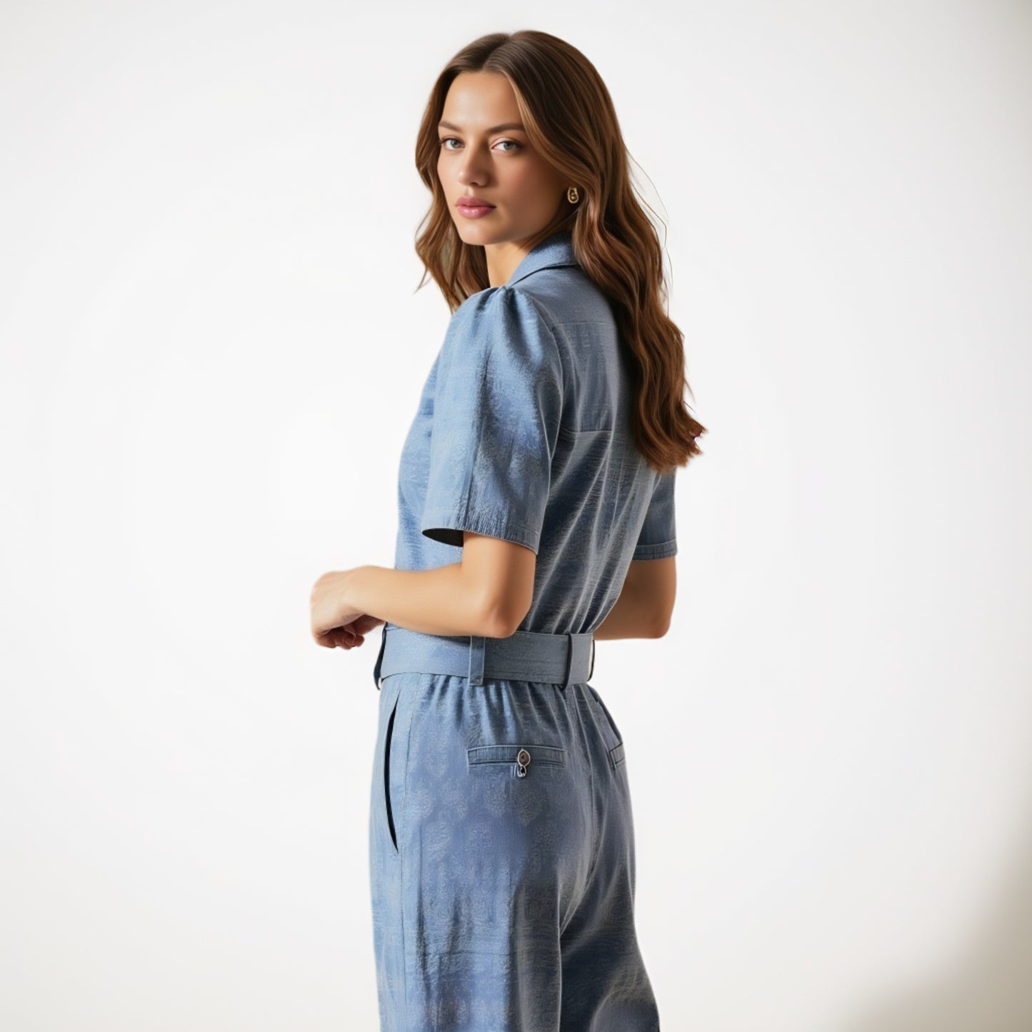 Paisley Print Belted Jumpsuit with Short Sleeves and Button Front