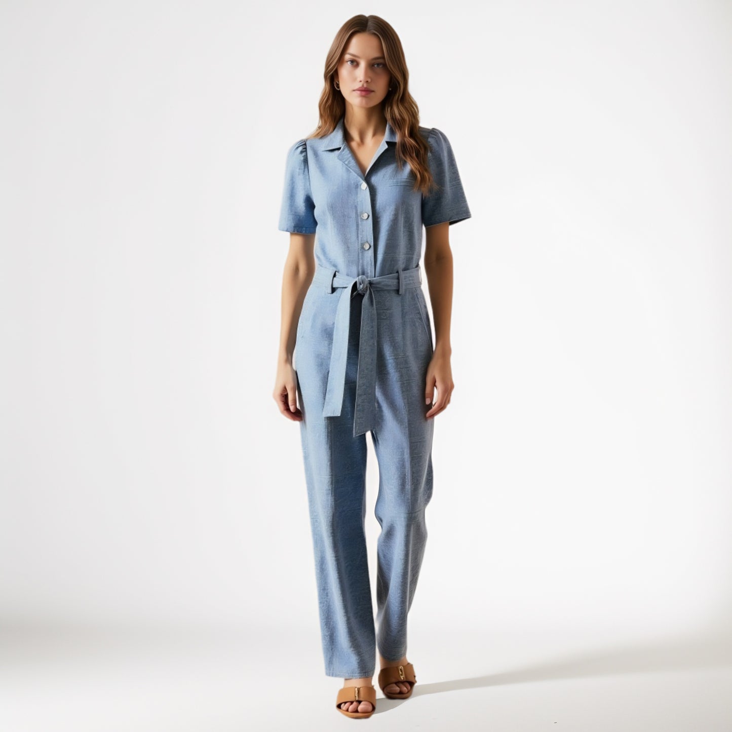 Paisley Print Belted Jumpsuit with Short Sleeves and Button Front