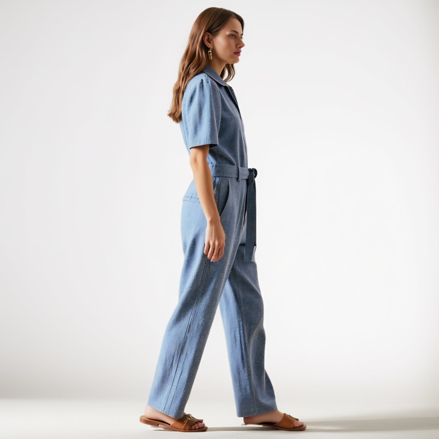 Paisley Print Belted Jumpsuit with Short Sleeves and Button Front