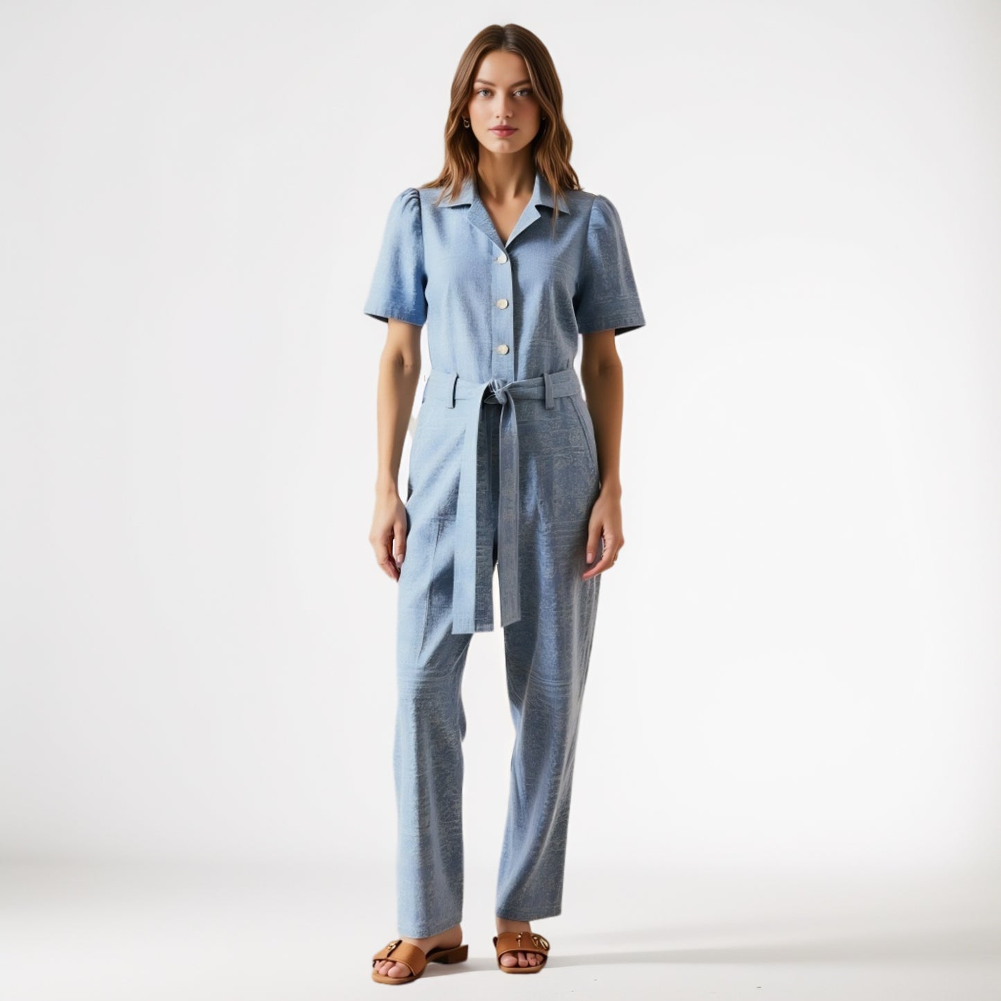 Paisley Print Belted Jumpsuit with Short Sleeves and Button Front