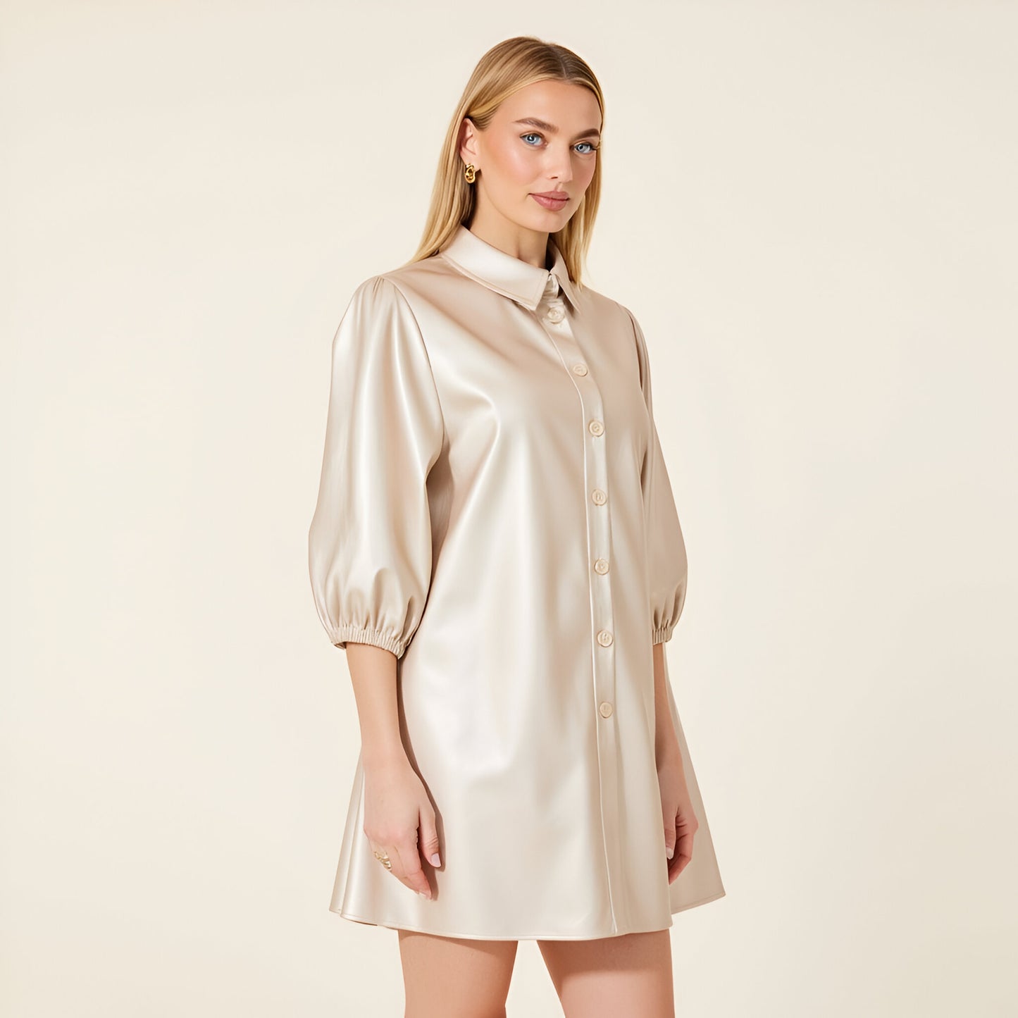 Satin Button-Up Shirt Dress with Puff Sleeves and Collar