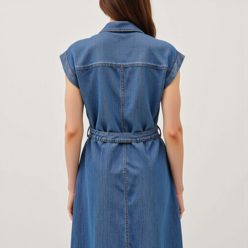 Sleeveless Denim Midi Shirt Dress with Button Front and Tie Waist