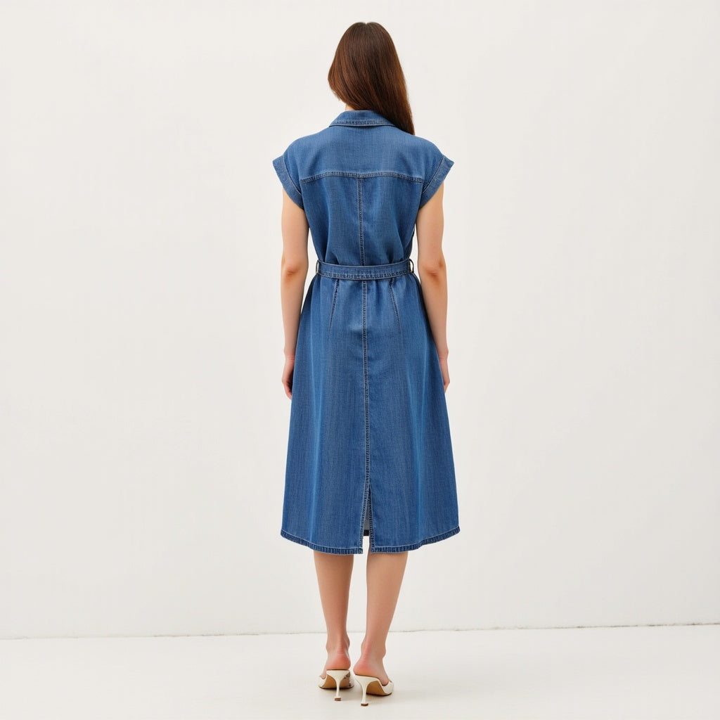 Sleeveless Denim Midi Shirt Dress with Button Front and Tie Waist