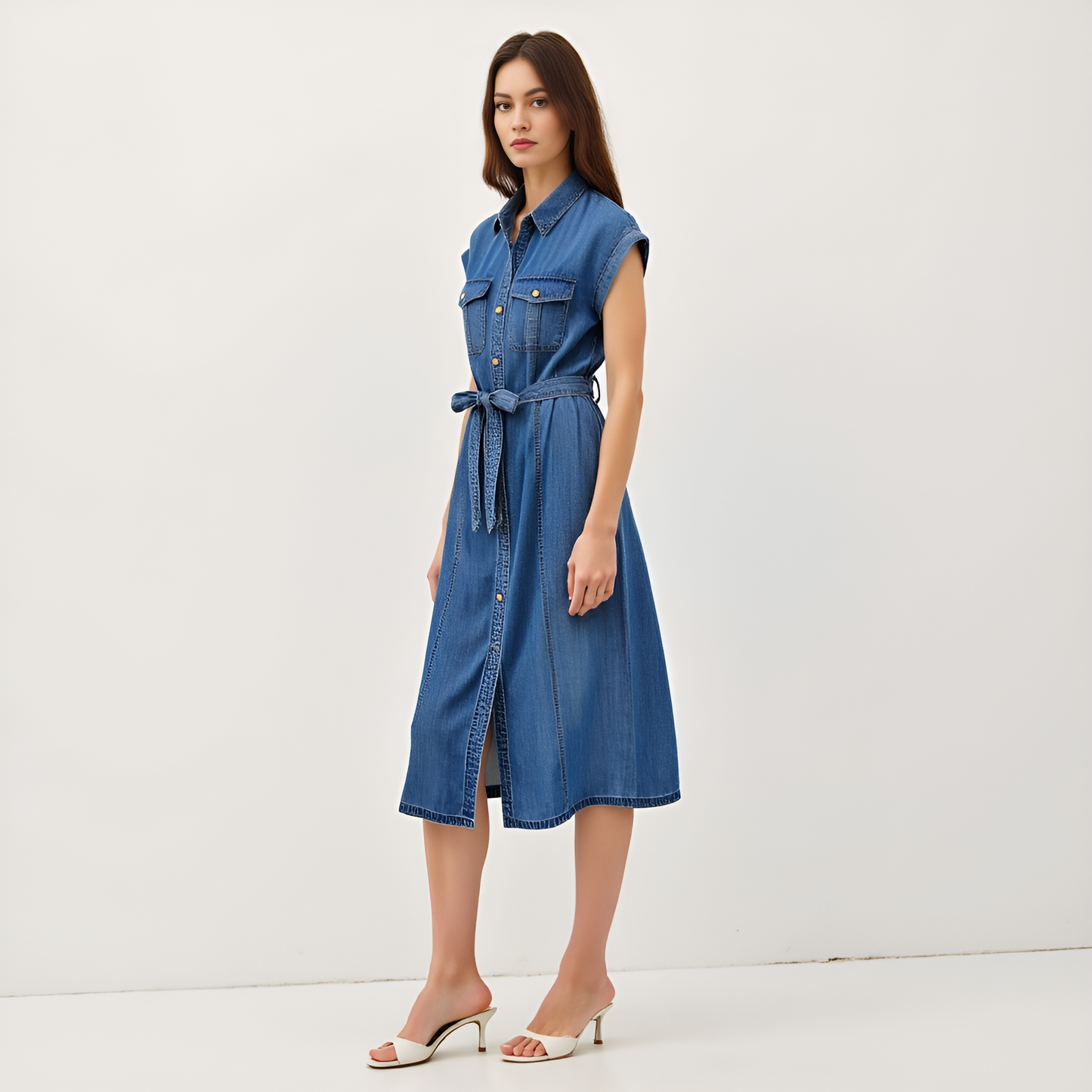 Sleeveless Denim Midi Shirt Dress with Button Front and Tie Waist