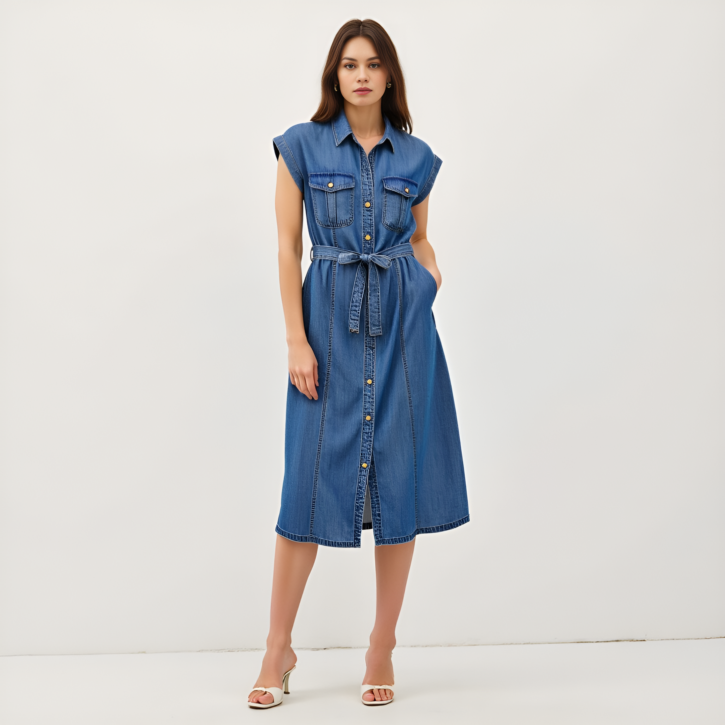 Sleeveless Denim Midi Shirt Dress with Button Front and Tie Waist