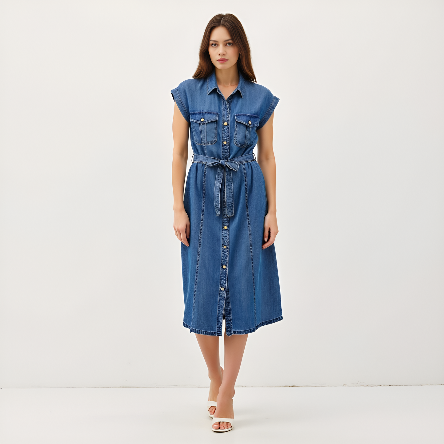 Sleeveless Denim Midi Shirt Dress with Button Front and Tie Waist