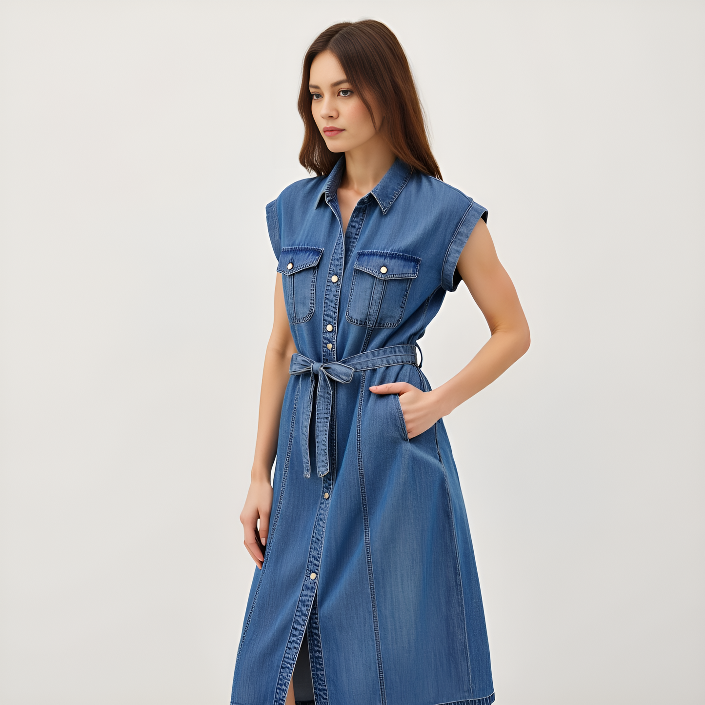 Sleeveless Denim Midi Shirt Dress with Button Front and Tie Waist