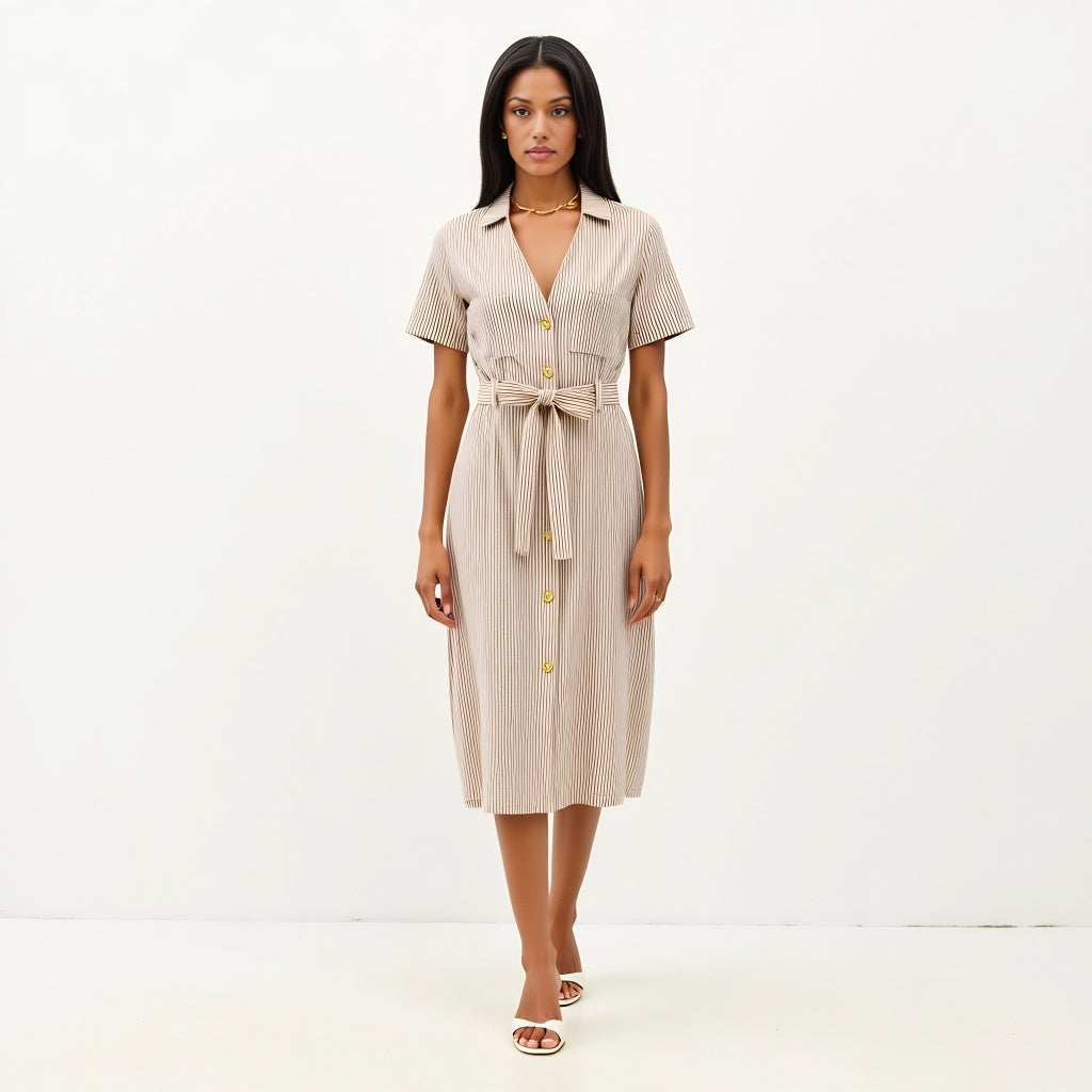 Striped Button-Down Midi Dress with Waist Tie and Collared Neckline