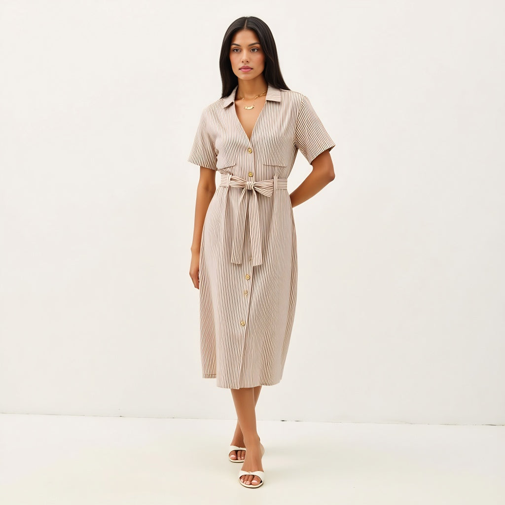 Striped Button-Down Midi Dress with Waist Tie and Collared Neckline