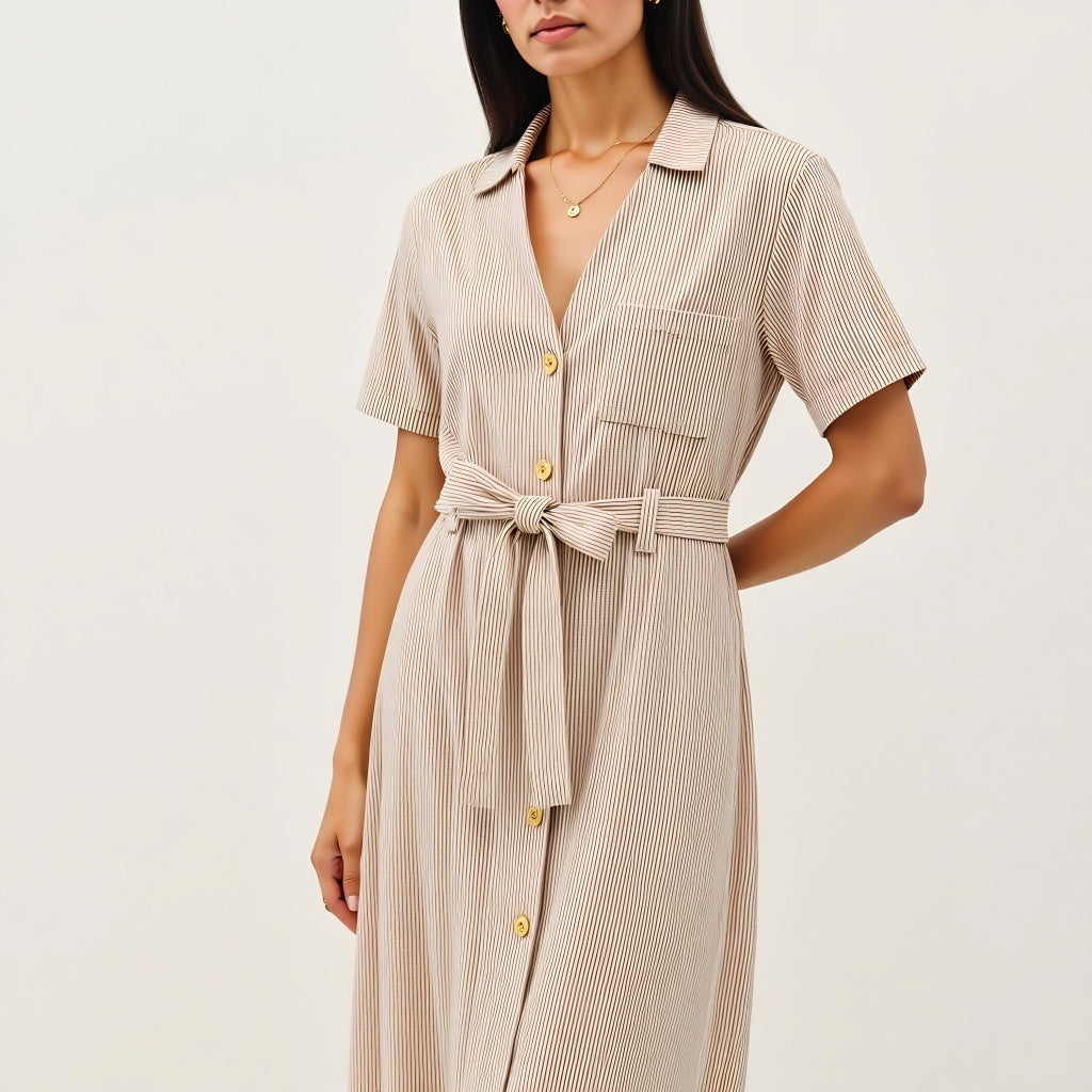 Striped Button-Down Midi Dress with Waist Tie and Collared Neckline