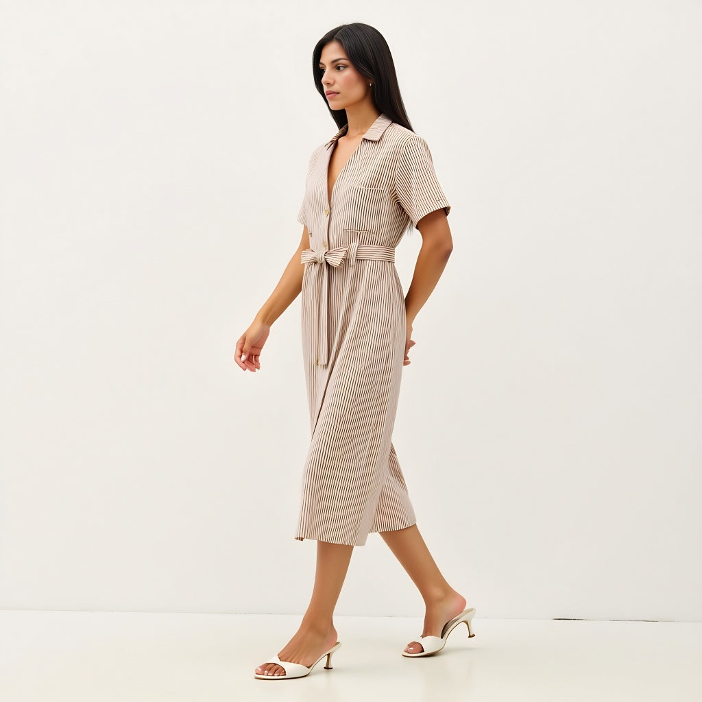 Striped Button-Down Midi Dress with Waist Tie and Collared Neckline