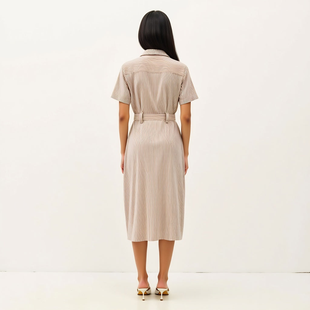 Striped Button-Down Midi Dress with Waist Tie and Collared Neckline