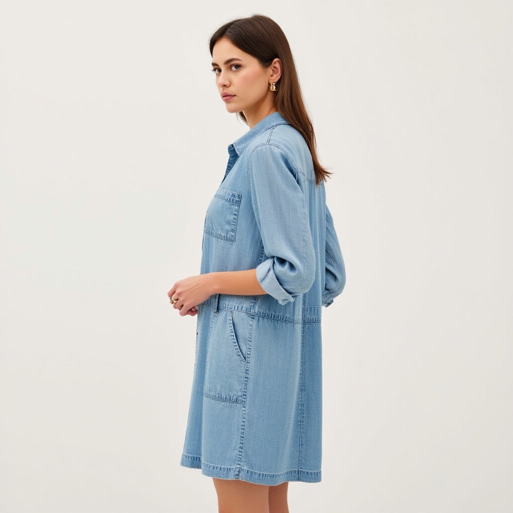 Long-Sleeve Button-Front Denim Mini Dress with Pockets