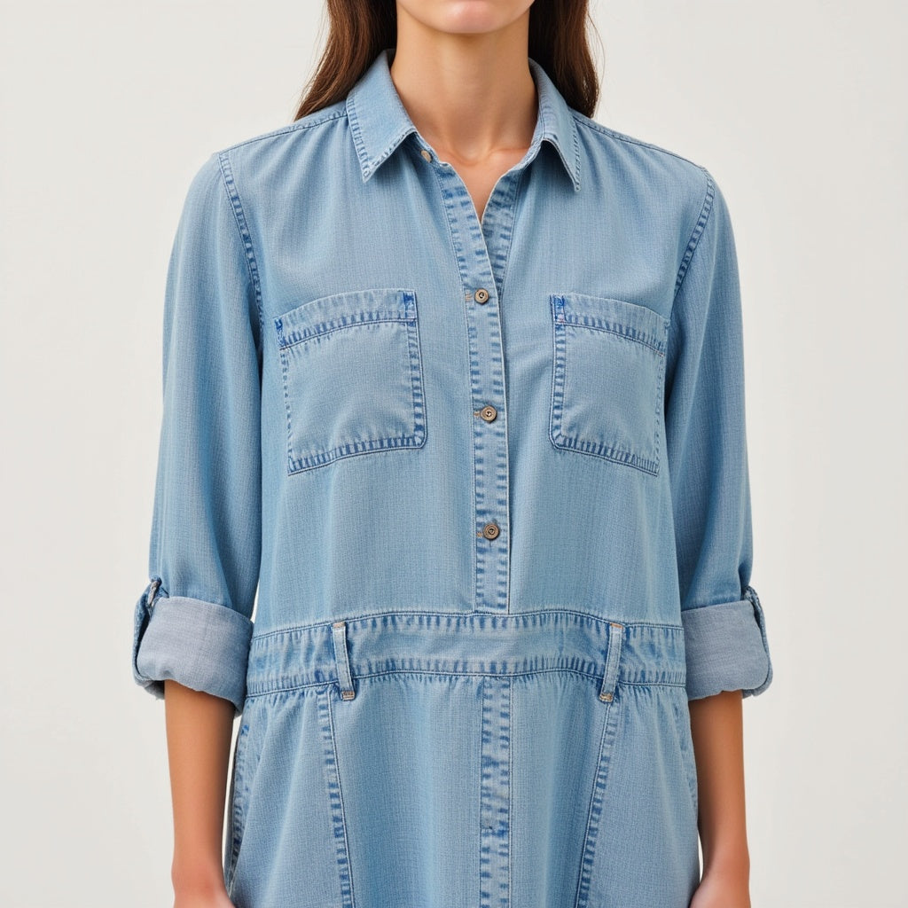 Long-Sleeve Button-Front Denim Mini Dress with Pockets