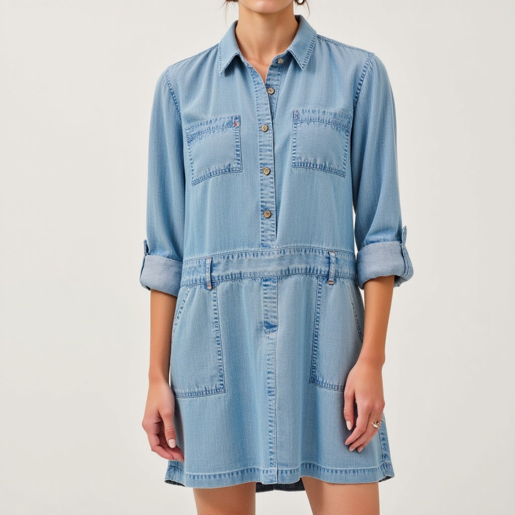 Long-Sleeve Button-Front Denim Mini Dress with Pockets