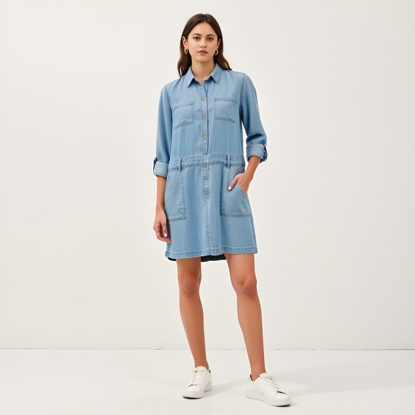 Long-Sleeve Button-Front Denim Mini Dress with Pockets
