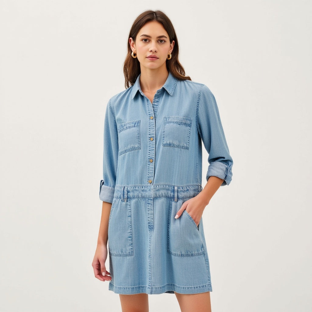 Long-Sleeve Button-Front Denim Mini Dress with Pockets