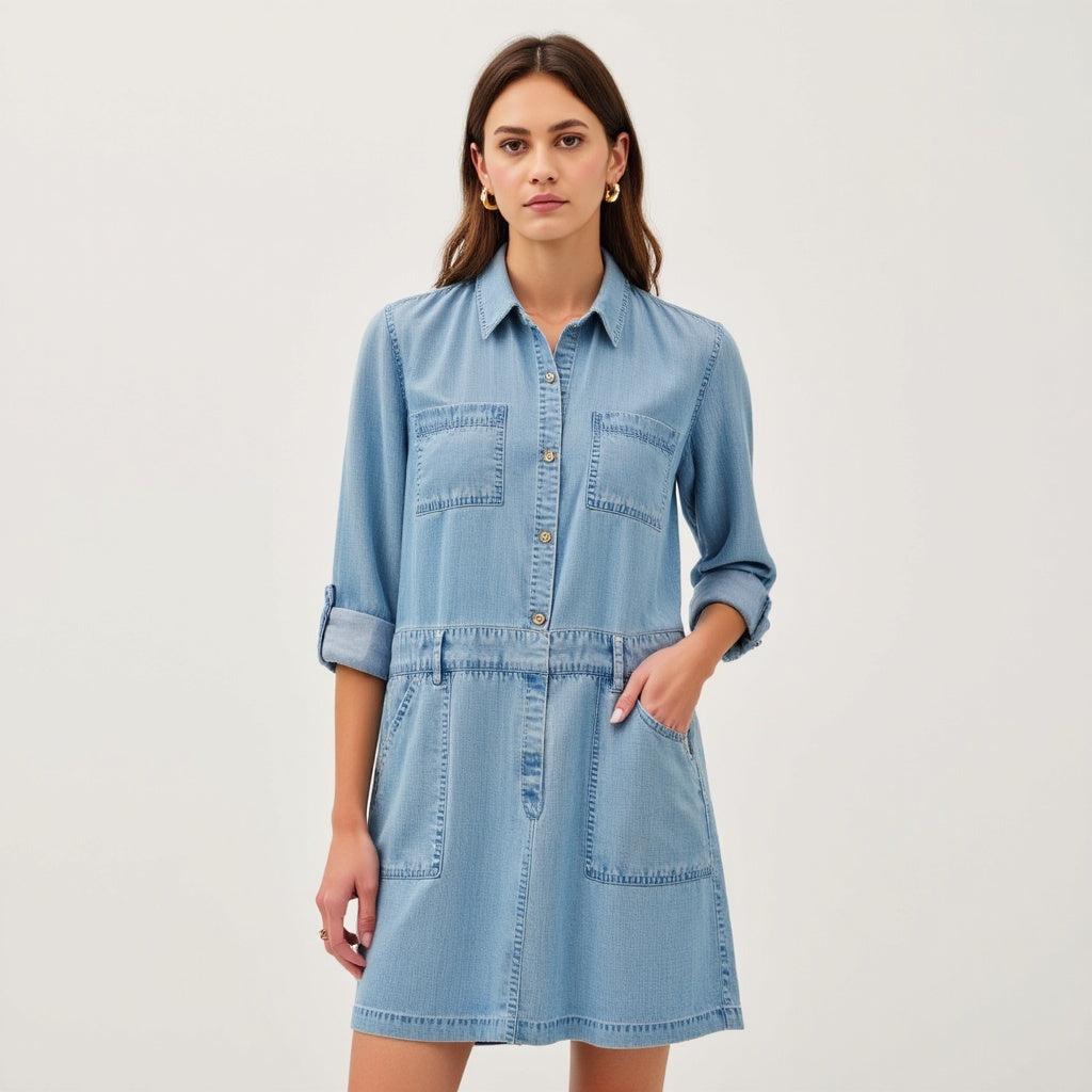 Long-Sleeve Button-Front Denim Mini Dress with Pockets