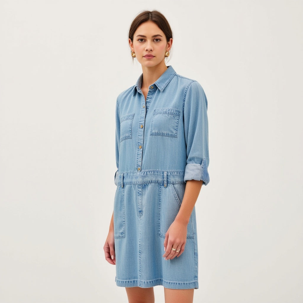 Long-Sleeve Button-Front Denim Mini Dress with Pockets