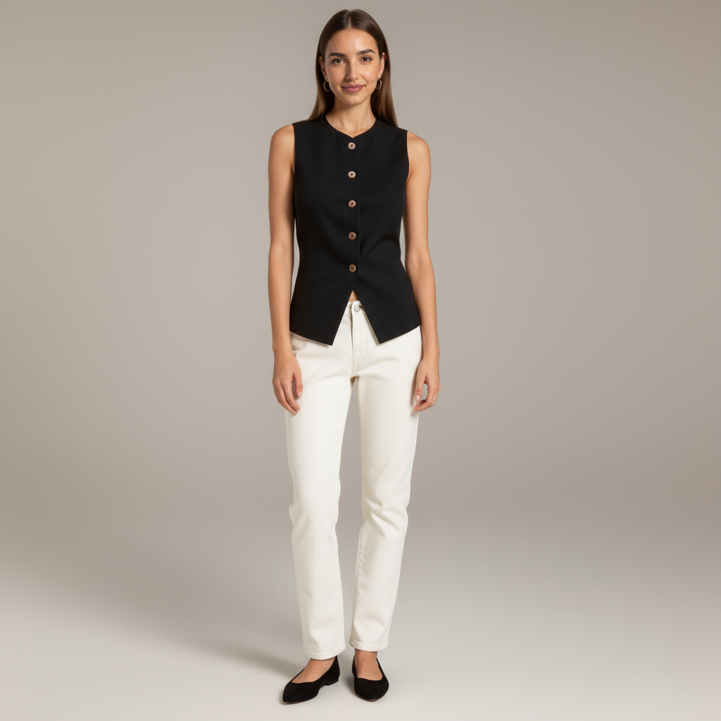 Sleeveless Button Front Vest with Asymmetrical Hem and Tailored Fit