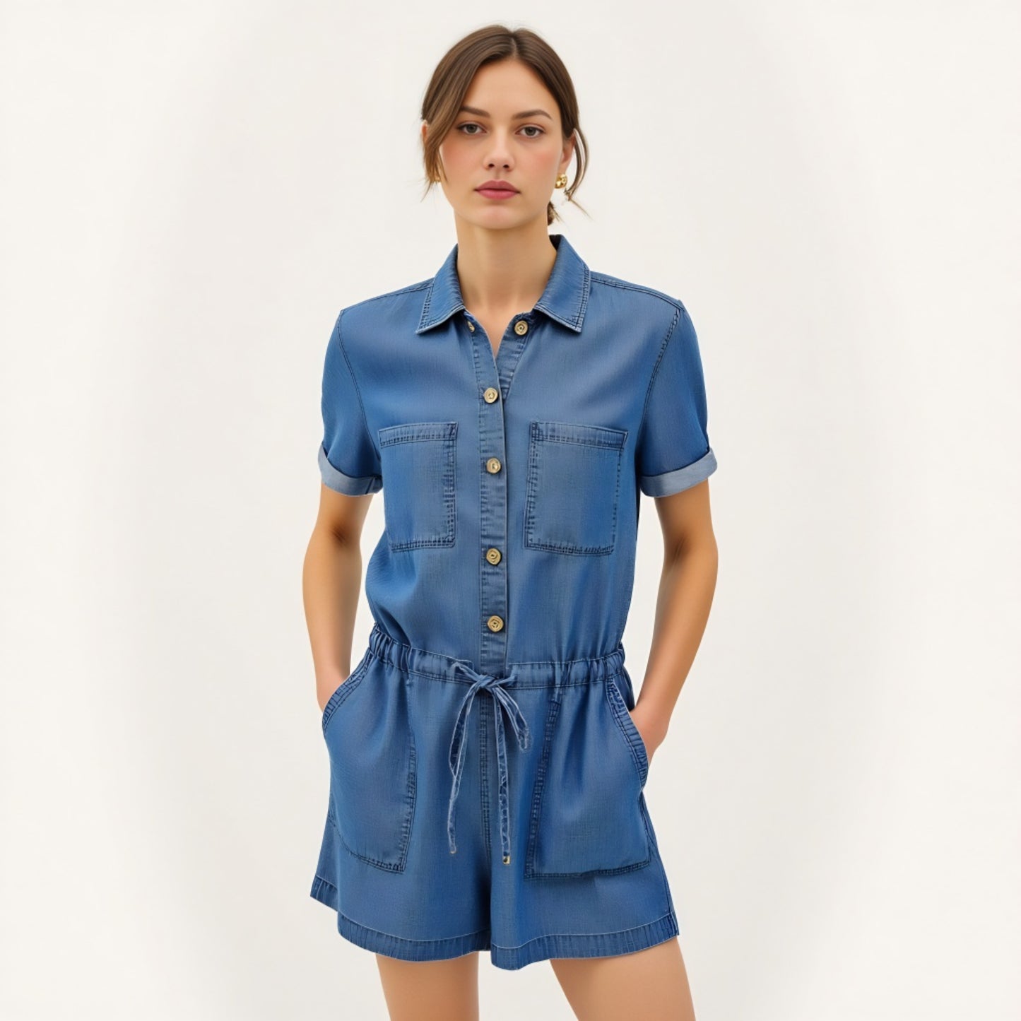 Utility Button-Up Denim Romper with Pockets and Drawstring Waist