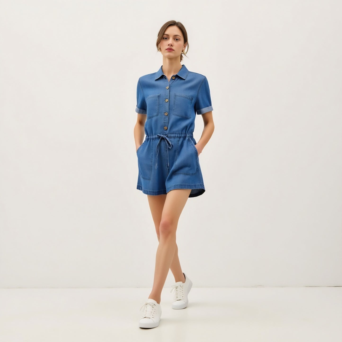 Utility Button-Up Denim Romper with Pockets and Drawstring Waist