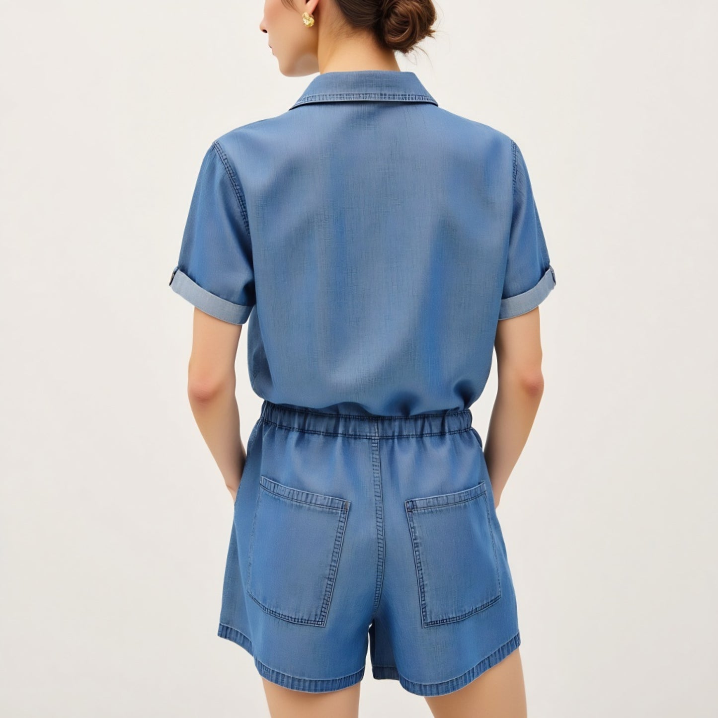 Utility Button-Up Denim Romper with Pockets and Drawstring Waist