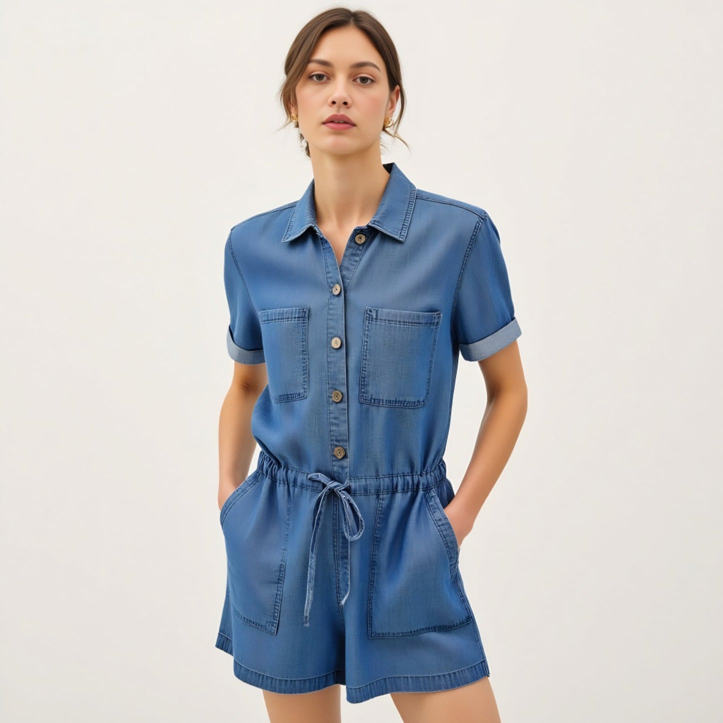 Utility Button-Up Denim Romper with Pockets and Drawstring Waist