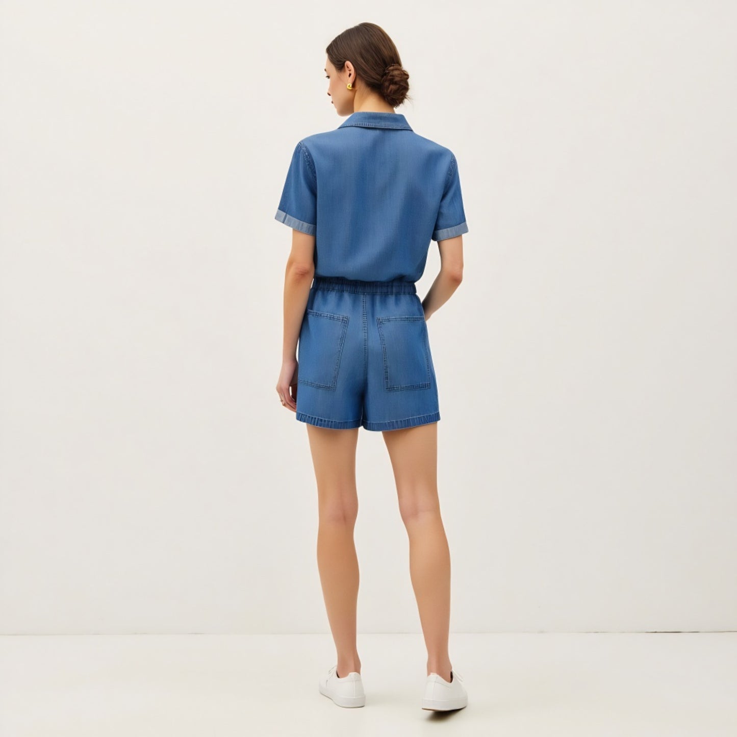 Utility Button-Up Denim Romper with Pockets and Drawstring Waist