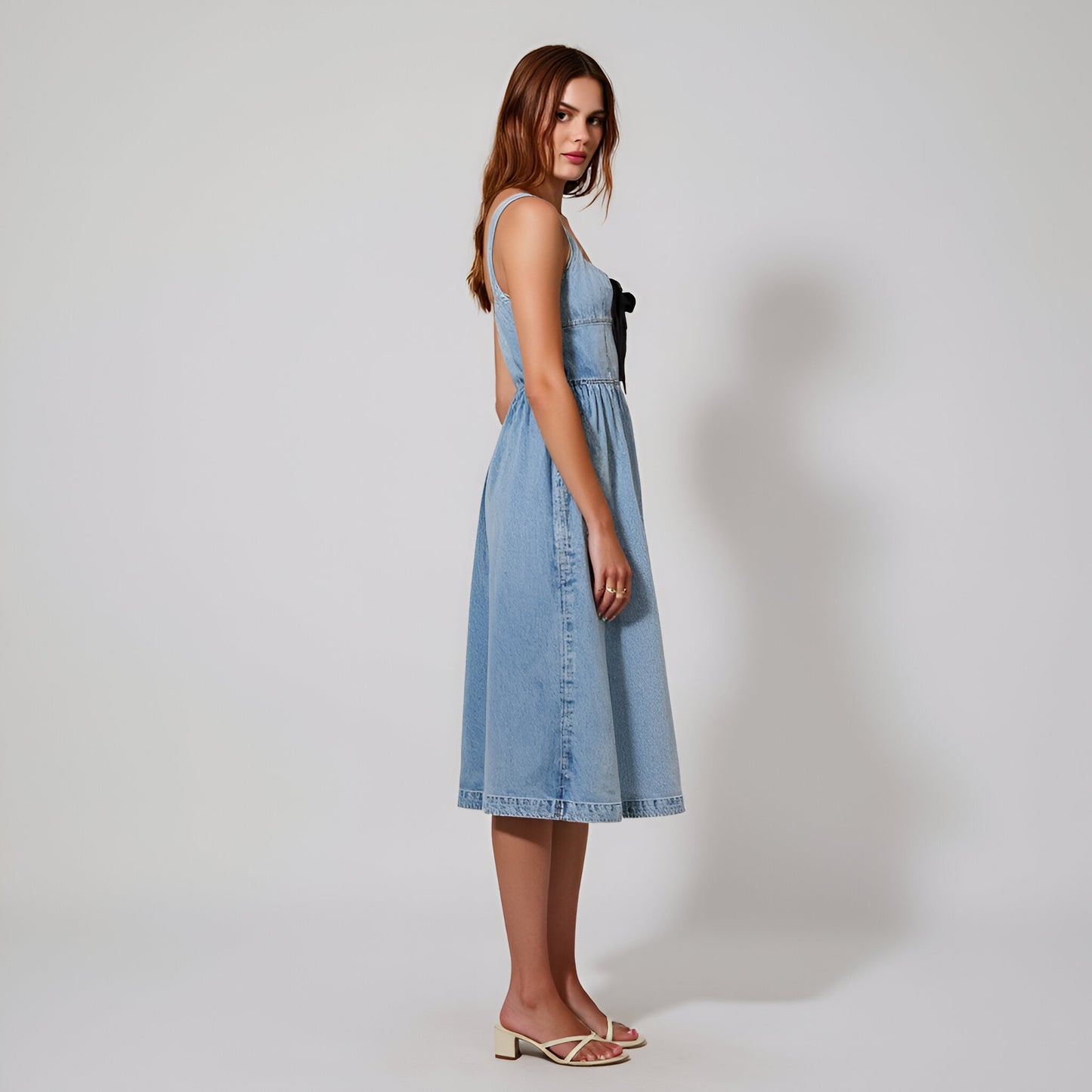 Denim Midi Dress with Square Neckline, Front Bow Detail, and A-Line Silhouette