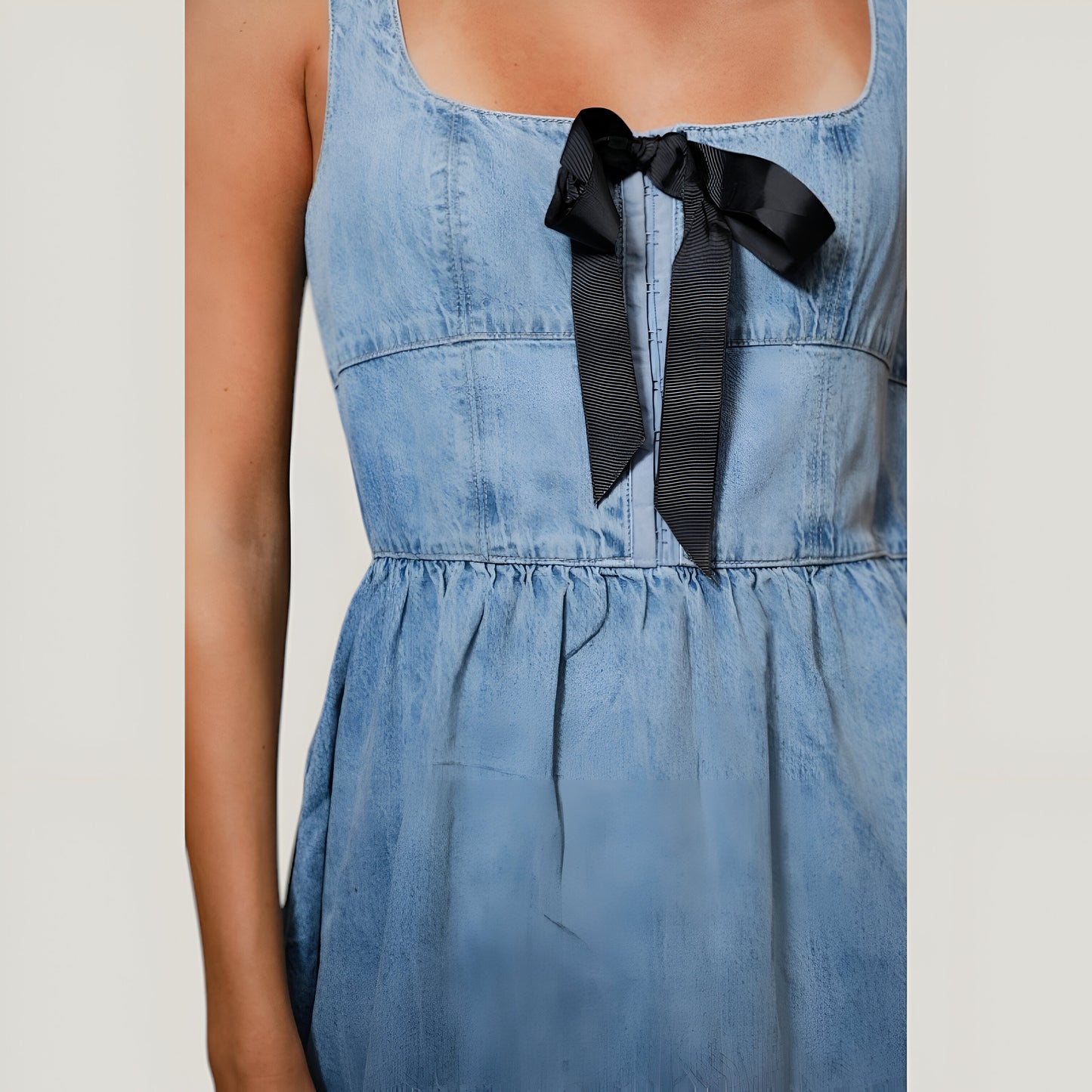 Denim Midi Dress with Square Neckline, Front Bow Detail, and A-Line Silhouette