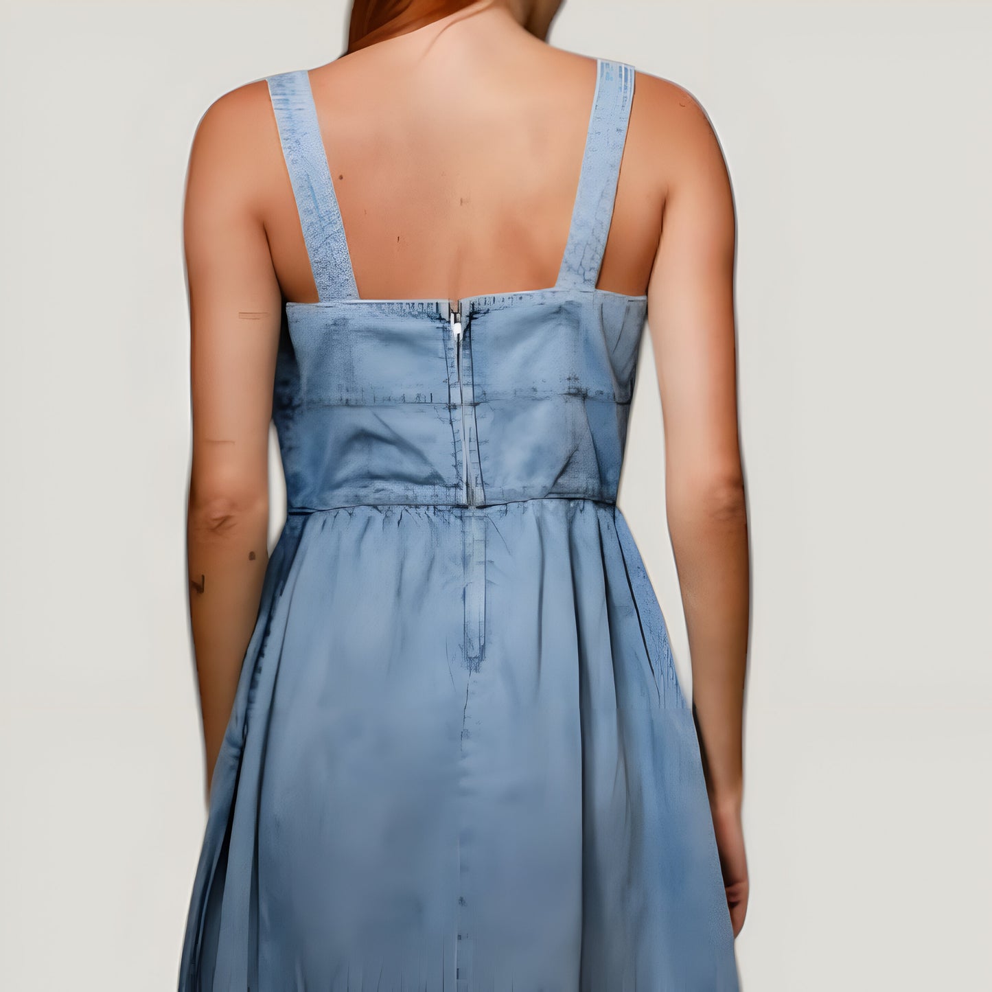 Denim Midi Dress with Square Neckline, Front Bow Detail, and A-Line Silhouette