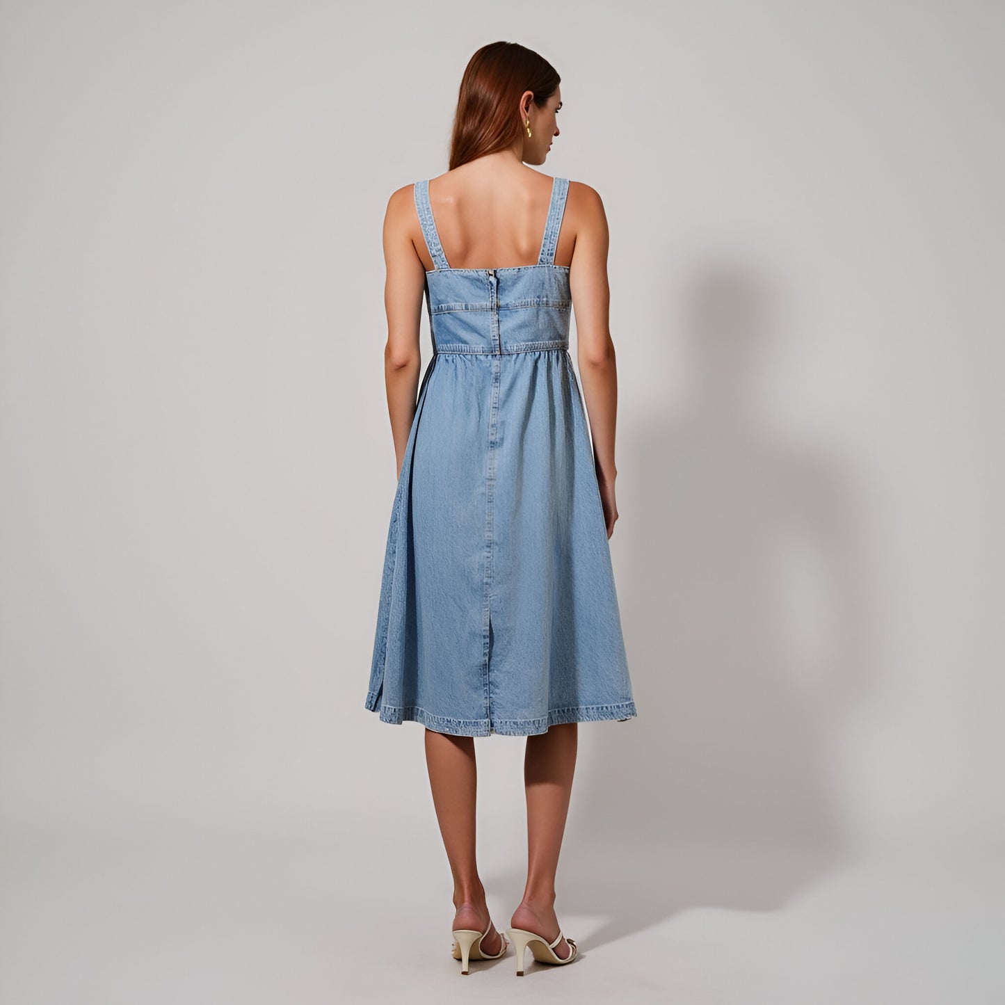 Denim Midi Dress with Square Neckline, Front Bow Detail, and A-Line Silhouette