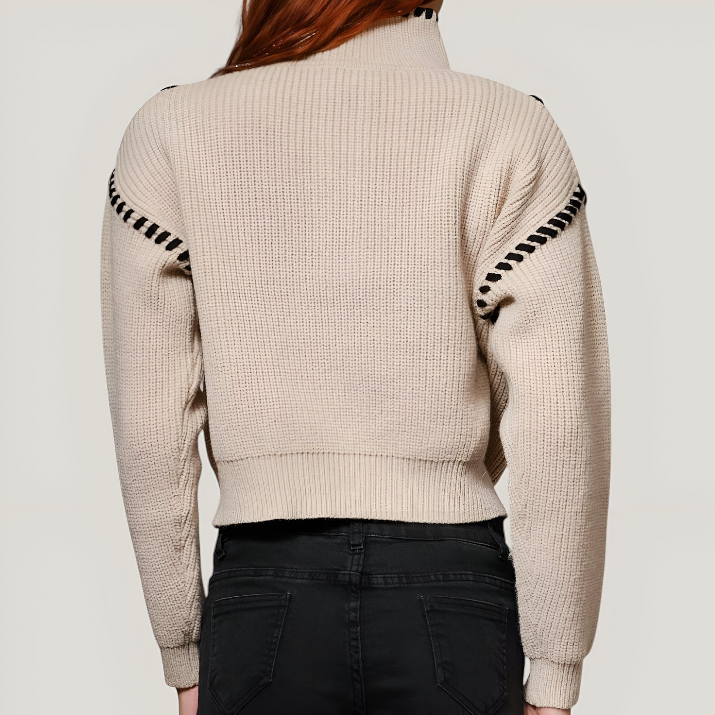 Chunky Knit Cropped Sweater with Ribbed High Neck and Bold Whip Stitch Accents