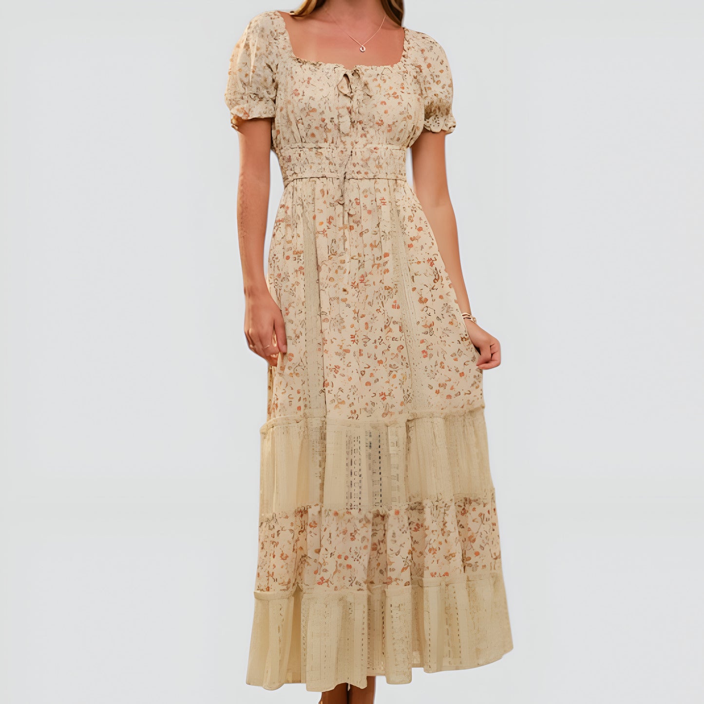 Floral Maxi Dress with Puff Sleeves Smocked Waist and Tiered Skirt