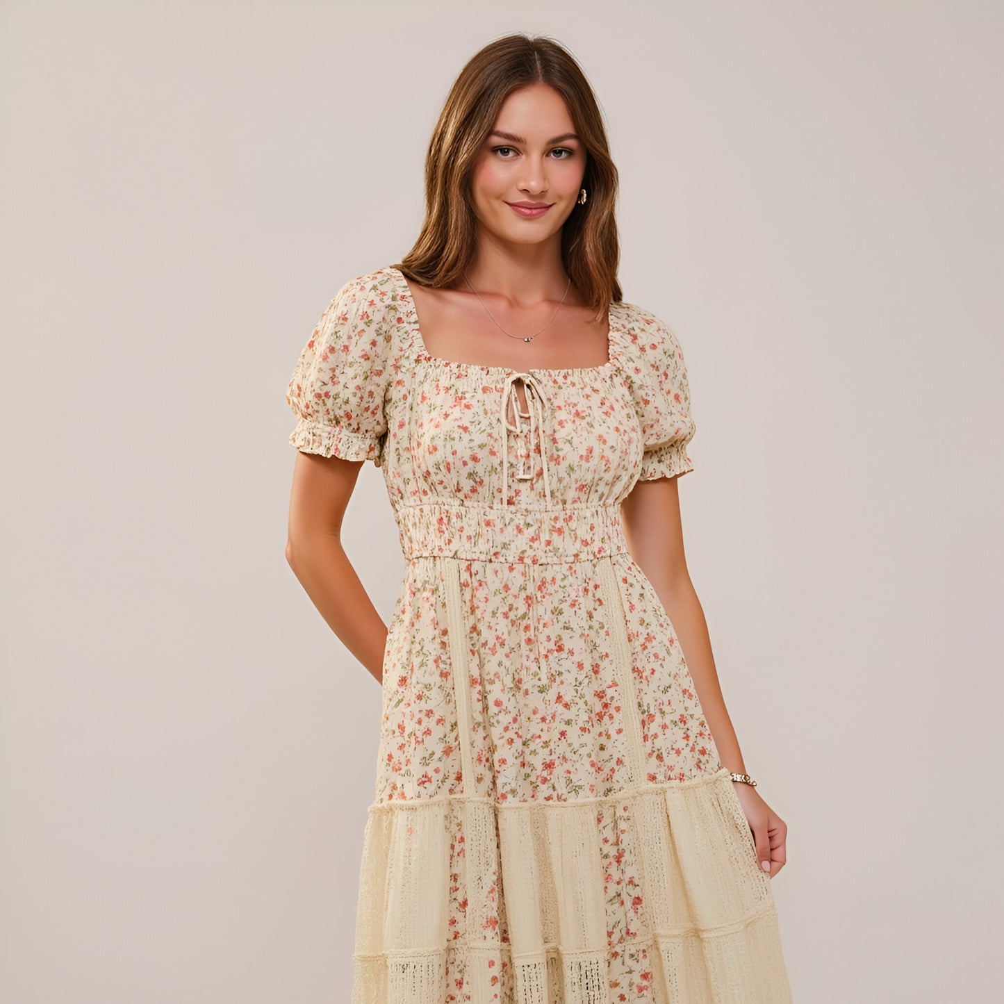 Floral Maxi Dress with Puff Sleeves Smocked Waist and Tiered Skirt