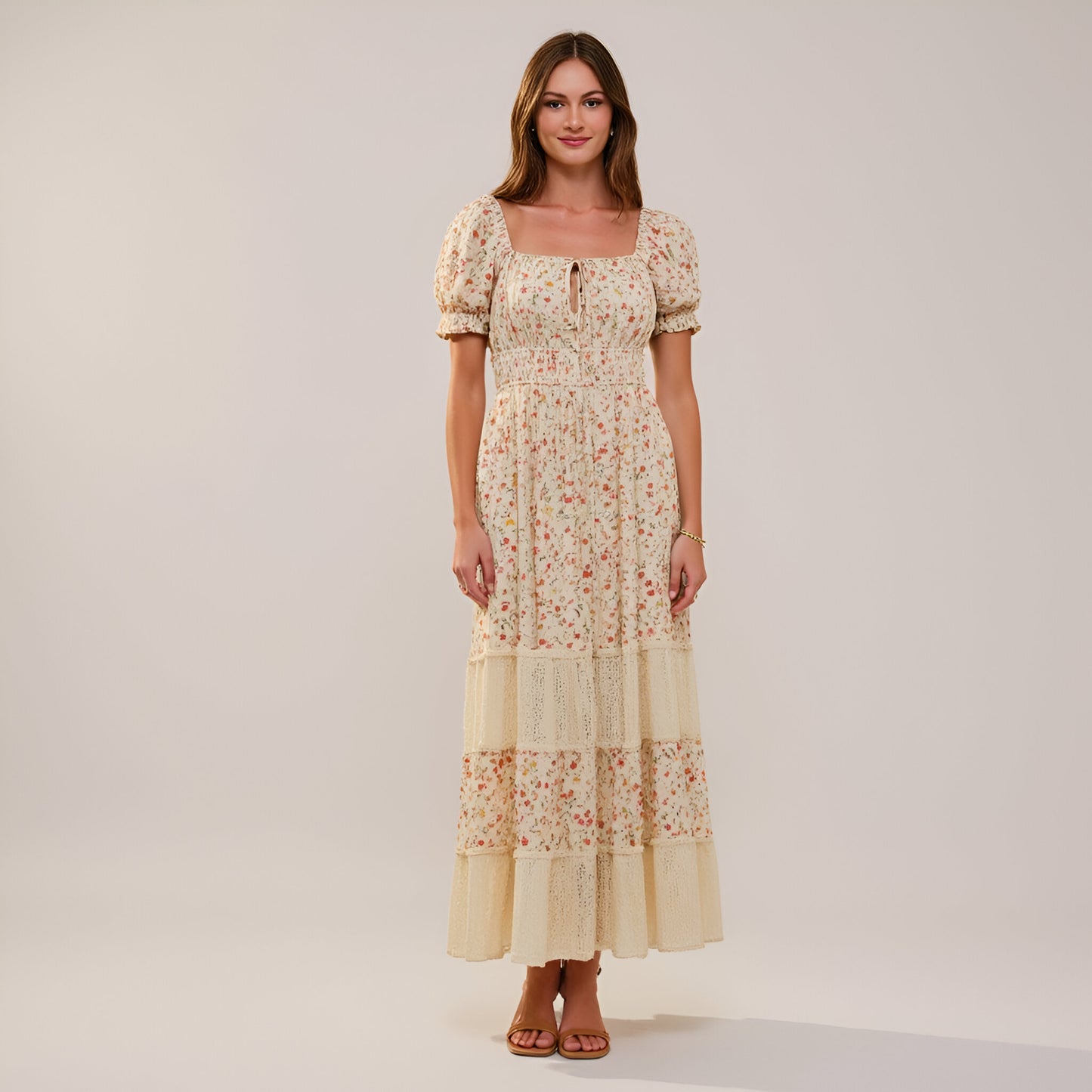 Floral Maxi Dress with Puff Sleeves Smocked Waist and Tiered Skirt