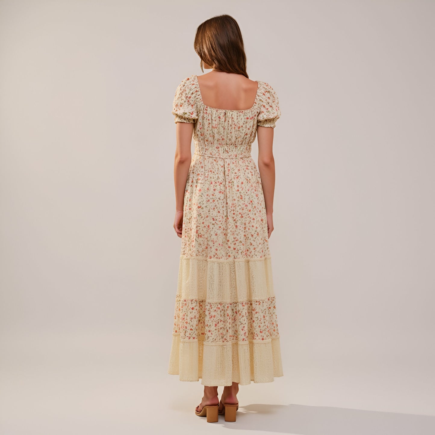 Floral Maxi Dress with Puff Sleeves Smocked Waist and Tiered Skirt