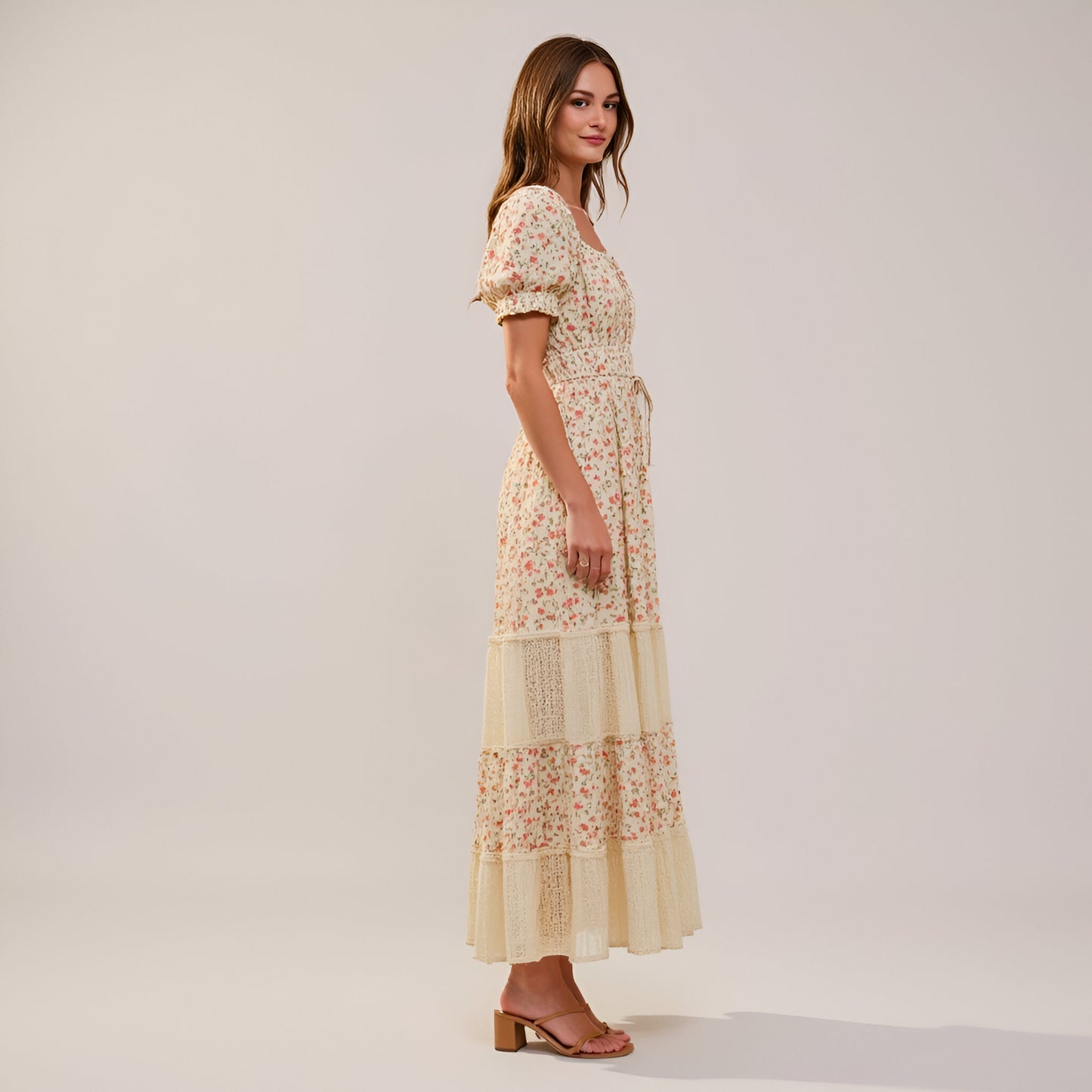 Floral Maxi Dress with Puff Sleeves Smocked Waist and Tiered Skirt