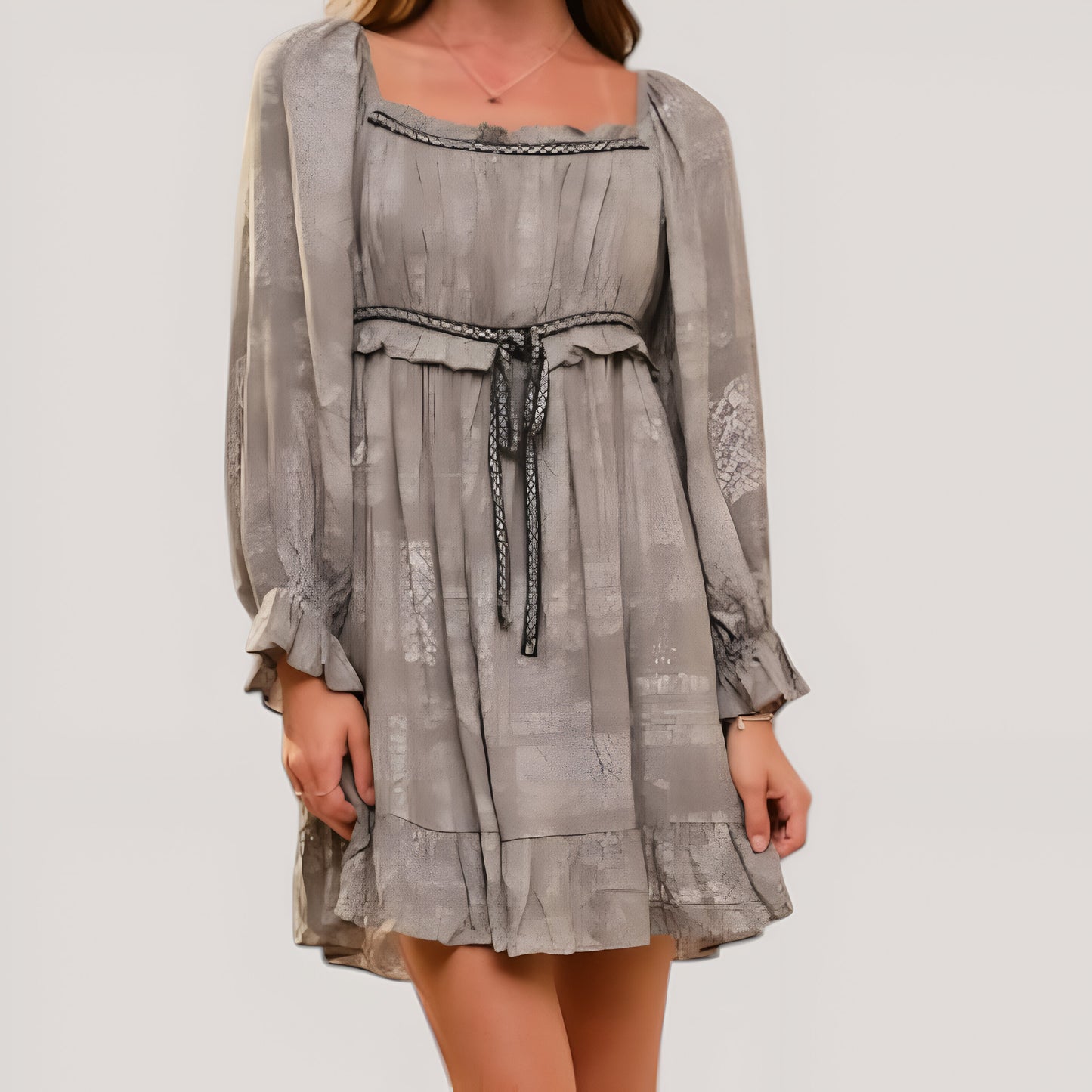Mini Dress with Long Sleeves Drawstring Waist and Ruffle Hem