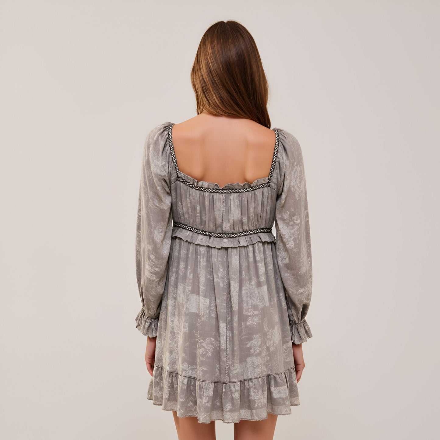 Mini Dress with Long Sleeves Drawstring Waist and Ruffle Hem