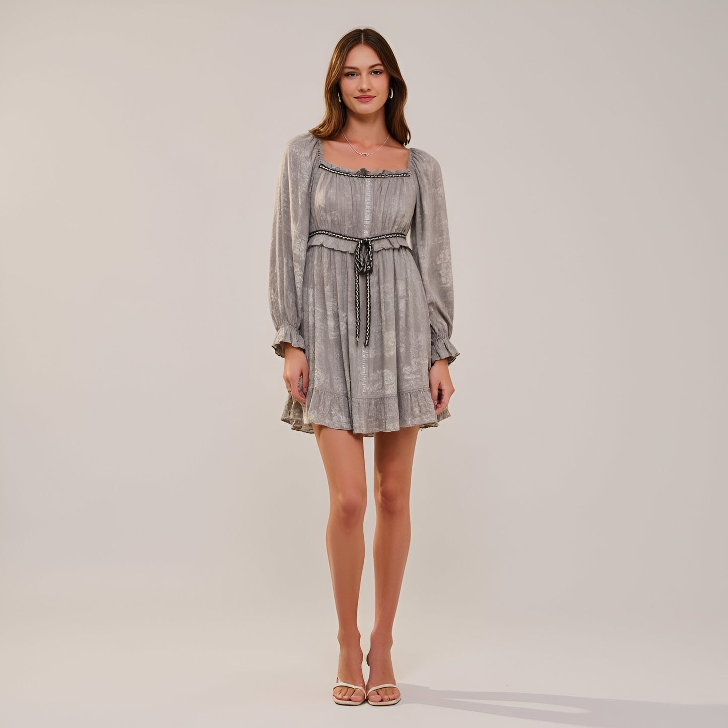 Mini Dress with Long Sleeves Drawstring Waist and Ruffle Hem