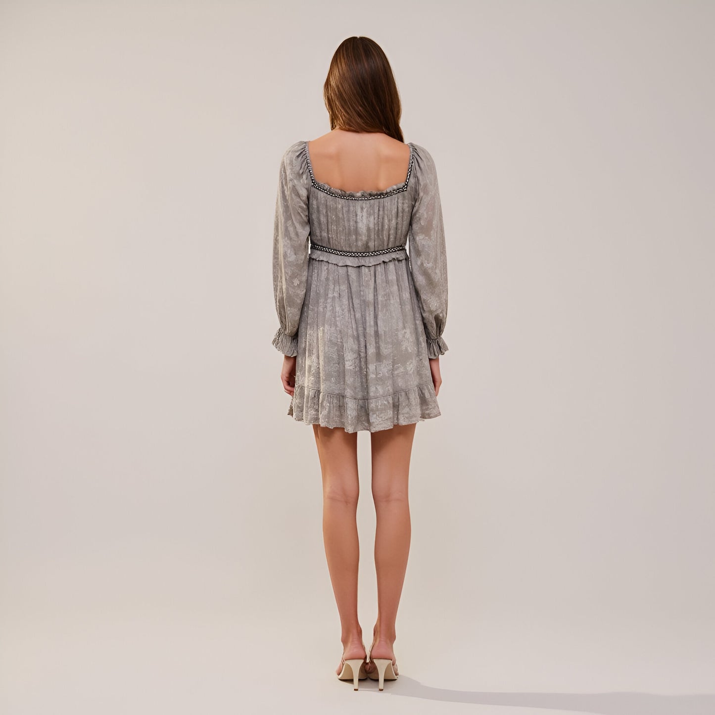 Mini Dress with Long Sleeves Drawstring Waist and Ruffle Hem