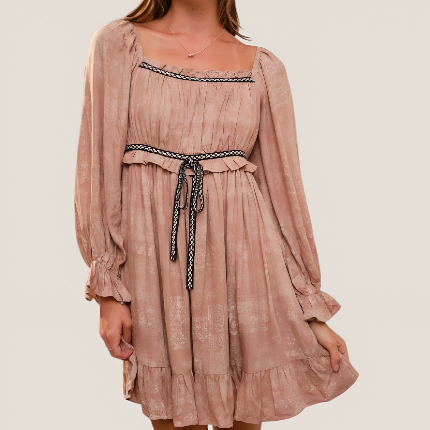 Mini Dress with Long Sleeves Drawstring Waist and Ruffle Hem