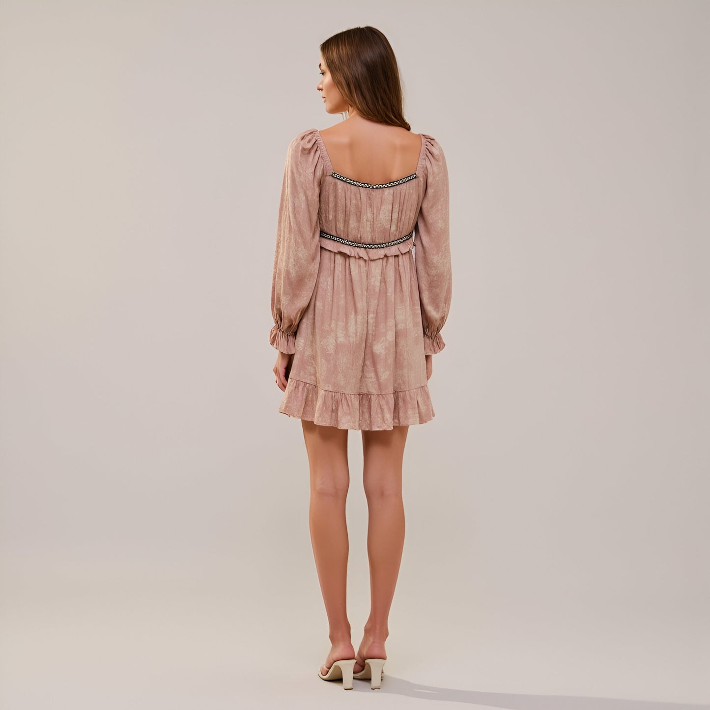 Mini Dress with Long Sleeves Drawstring Waist and Ruffle Hem