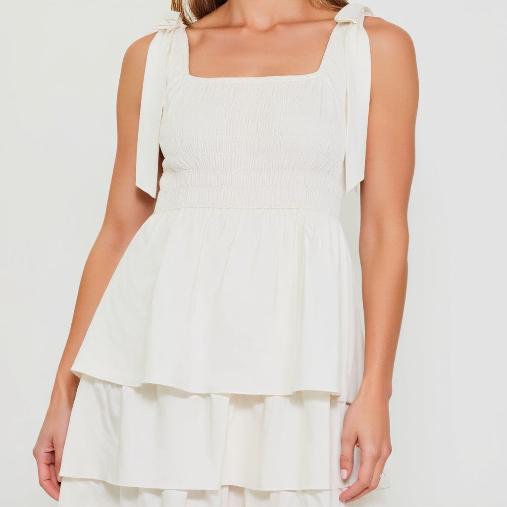 Tiered Smocked Midi Dress with Bow-Tie Shoulder Straps